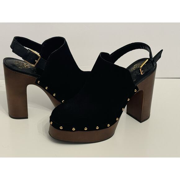Vince Camuto Ithernda Women’s 7 Platform Clogs Black Suede Leather Gold Studs - Picture 1 of 13